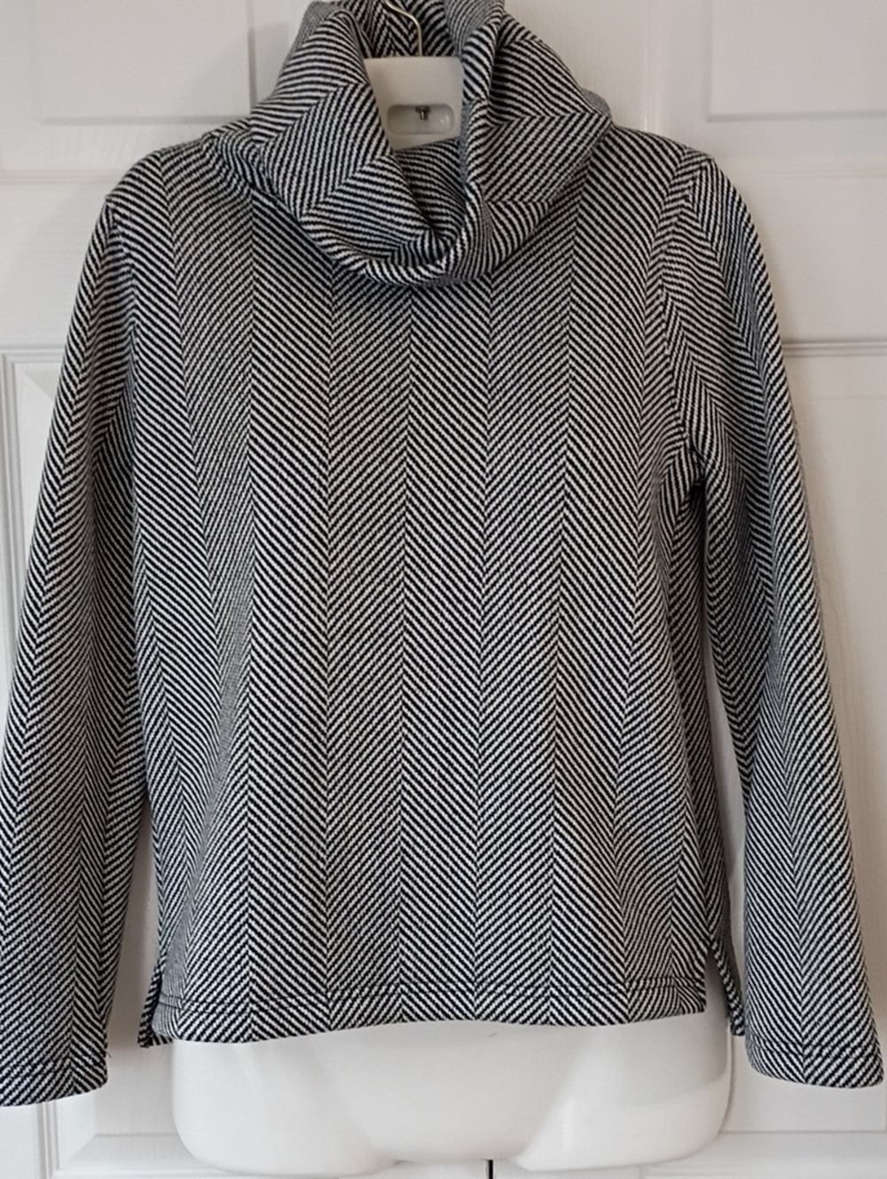 J. Crew Herringbone Black and White Funnel Cowl Neck Pullover Sweater